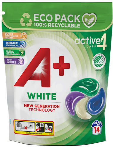 Tvättmedelskapslar A+ White Active 4 14st