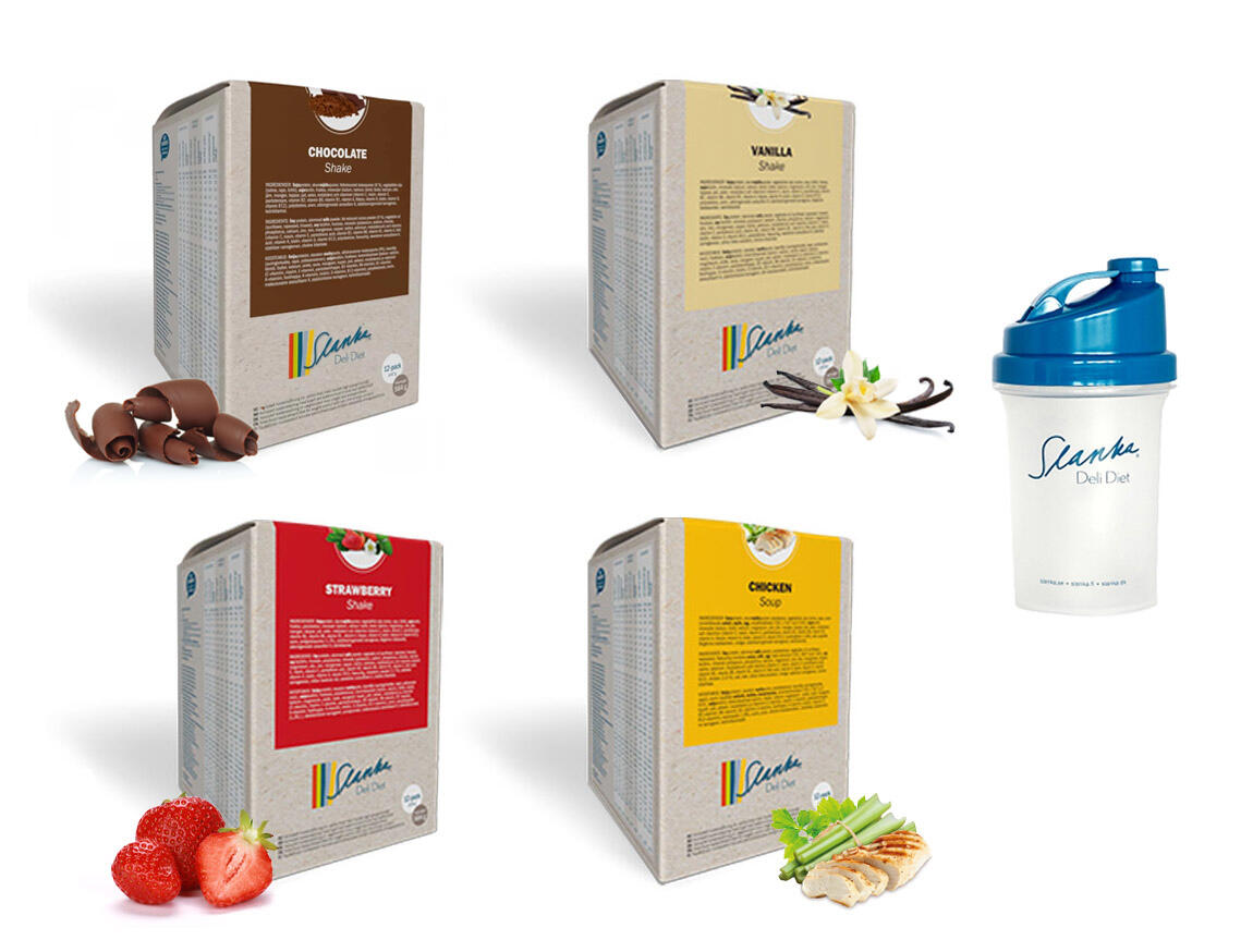 Startpaket Slanka Shake Choklad, Jordgubb, Vanilj, Kyckling 48 VLCD + 1 blå Shak