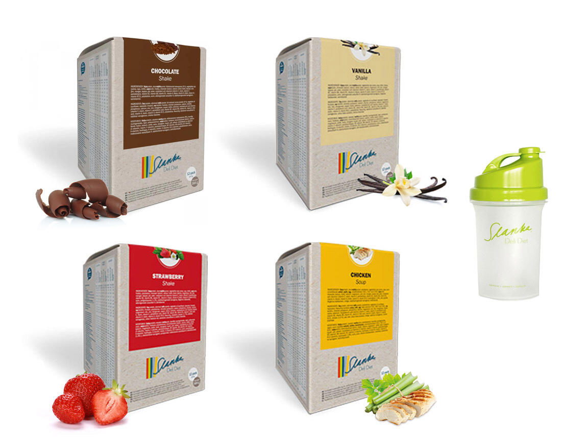 Startpaket Slanka Shake Choklad, Jordgubb, Vanilj, Kyckling 48 VLCD + 1 grön Shaker
