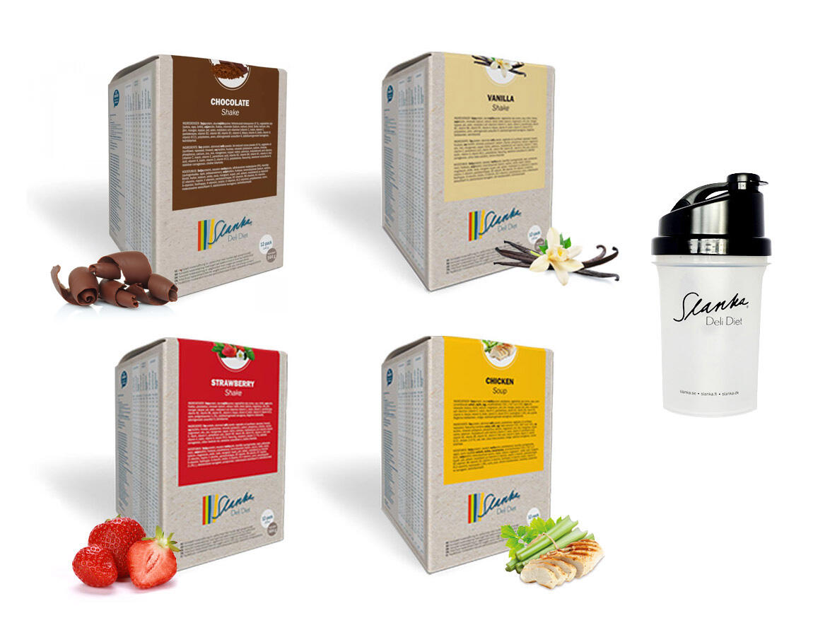 Startpaket Slanka Shake Choklad, Jordgubb, Vanilj, Kyckling 48 VLCD + 1 svart Shaker