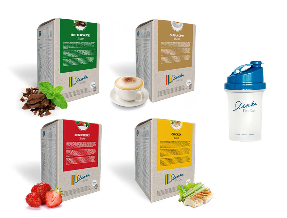 Startpaket Slanka Shake Mintchoklad, Cappuccino, Jordgubb, Kyckling 48 VLCD + 1 blå Shaker