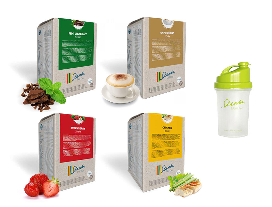 Startpaket Slanka Shake Mintchoklad, Cappuccino, Jordgubb, Kyckling 48 VLCD + 1 grön Shaker
