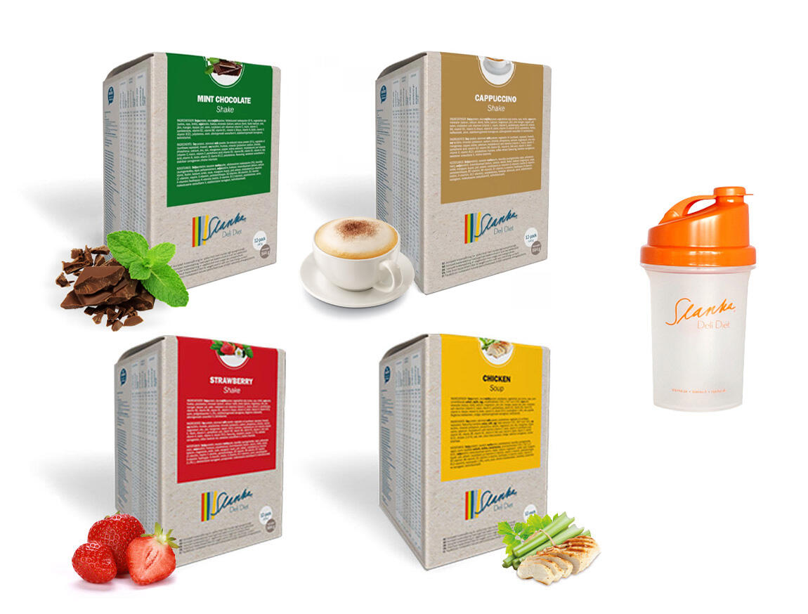 Startpaket Slanka Shake Mintchoklad, Cappuccino, Jordgubb, Kyckling 48 VLCD + 1 orange Shaker