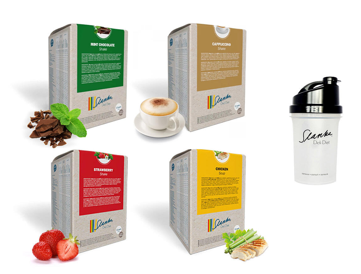 Startpaket Slanka Shake Mintchoklad, Cappuccino, Jordgubb, Kyckling 48 VLCD + 1 svart Shaker