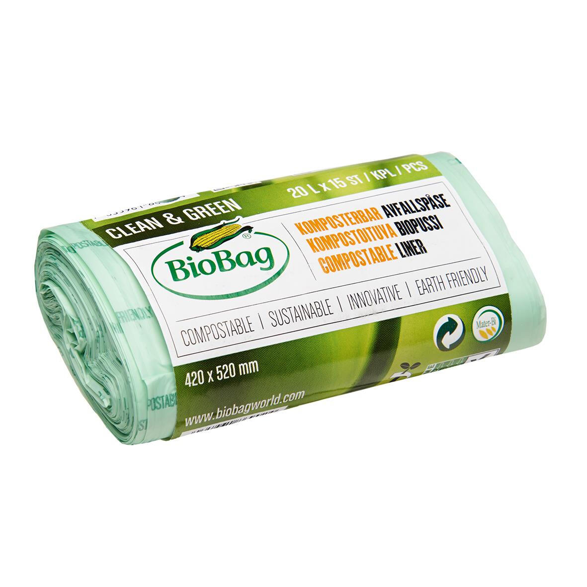 Avfallspåse Biobag Komposterbar 20L 17my 420x520mm 15st/rul